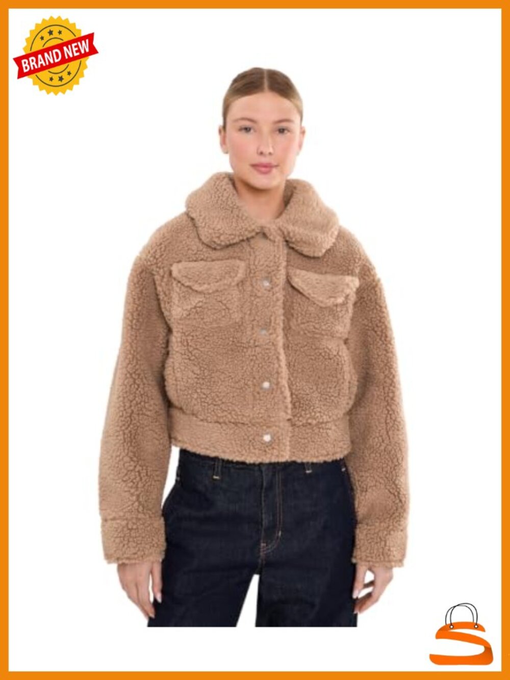 Short Plush Fleece Trucker Jacket Snap Placket Welt Pockets